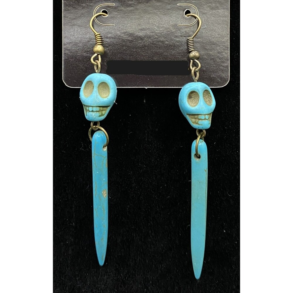 Handmade Turquoise Blue Skull & Spike Bead Bronze Tone Earrings by Neanie-Bot